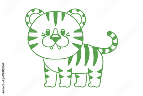 Cute green tiger cub with bold stripes stands cheerfully on a white background