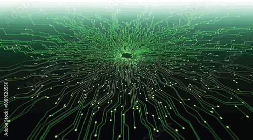 Vector illustration of glowing green CPU at center with radiating circuit lines and nodes on dark background, symbolizing microchip connectivity, data flow, electronics, computing power, AI, and futur