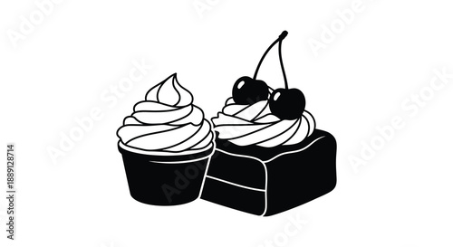 Delicious black and white dessert illustration of cupcakes and cherry squares silhouette