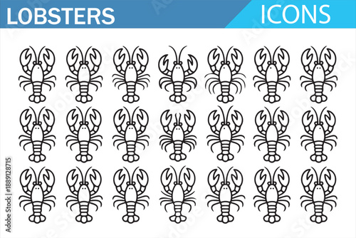 Lobster icons set in black outline style featuring marine seafood illustrations for restaurant menus, food packaging, fishing, ocean life, cooking and culinary design concepts