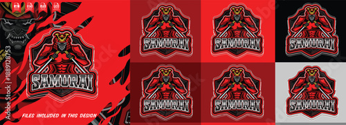 Samurai e-sports mascot logo design with red armor warrior dual swords shield emblem vector template. Perfect for e-sports teams, gaming clans, brands, streetwear, apparel, and gaming merchandise. 