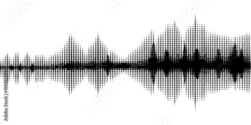 Abstract music background featuring a blue vector illustration of a city skyline with digital sound wave equalizers and urban skyscraper architecture