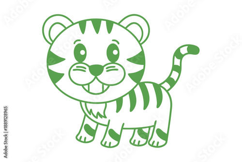 The cartoon striped tiger with a cheerful grin looks forward with bright eyes