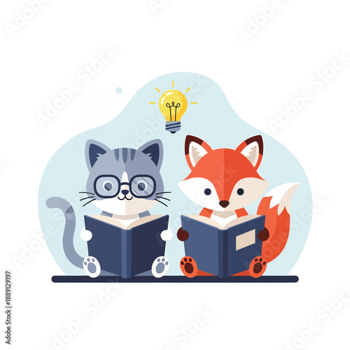 Cat and Fox Studying Together