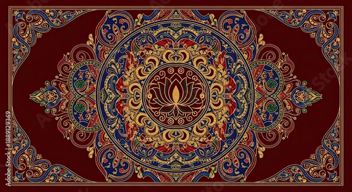 Intricate Mandala Design with Lotus Flower on Red Background, Oriental Pattern