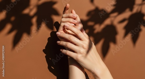 Closeup of hands with manicured nails against warm background