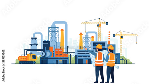 Industrial complex with engineers in hard hats and safety vests examining blueprints in front of a factory, construction cranes in the background, symbolizing industri...