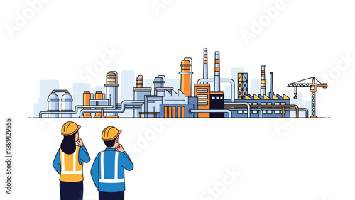 Two engineers in hard hats and safety vests observe a sprawling industrial factory complex with multiple buildings, smokestacks, and pipelines, representing industrial...