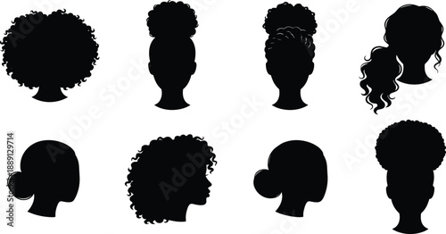 Collection of black silhouettes of female heads with diverse hairstyles woman