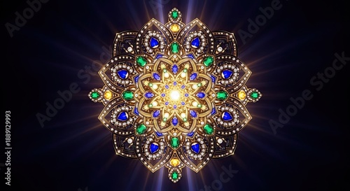 Wallpaper Mural Ornate Golden Mandala with Blue and Green Gems, Radiant Light Effect Torontodigital.ca