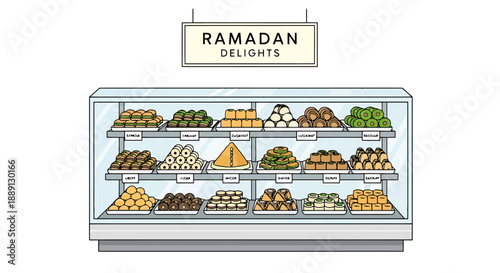 Traditional Dessert Display Cabinet Filled With Sweet Baked Goods Awaiting Customers For Special Occasion
