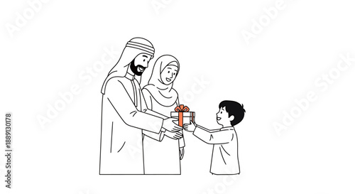 Middle Eastern Parents Gifting Present To Young Boy Family Celebration Moment Joyful Generosity Tradition Giving Childhood Happiness Togetherness