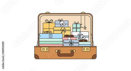 Vintage Looking Open Suitcase Packed Full Of Wrapped Birthday Presents And Folded Clothing Ready For A Journey