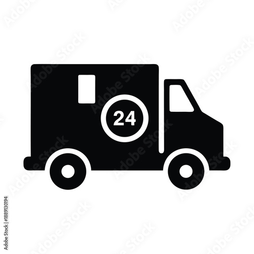Black silhouette van has a twenty four hour sign on its side