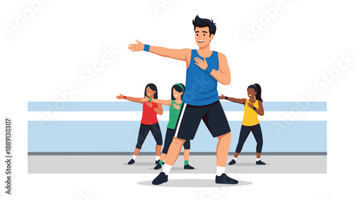A male fitness instructor leading a group of diverse people in an energetic exercise class, demonstrating a dance or aerobic move with clear instructions.