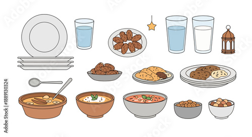 Ramadan Iftar Meal Spread Assortment of Traditional Foods Plates Glasses and Dates for Breaking Fasting Celebration