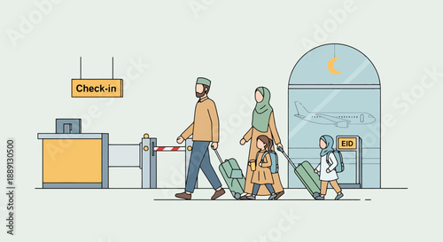 Muslim Family Traveling Together Arriving At Airport Departure Gate With Luggage For Vacation Journey