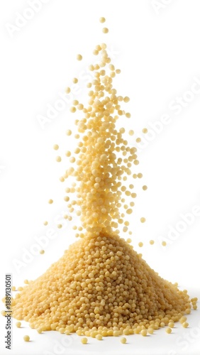 Small light yellow spherical pasta pieces pouring dynamically into a neat pile on a clean white background