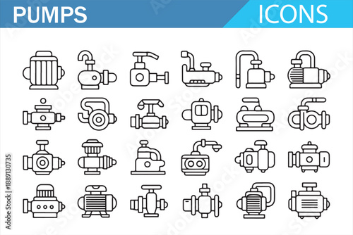 Industrial pump icons set in black outline style featuring water, oil, hydraulic and mechanical pumps for engineering, plumbing, factory systems and industrial equipment concepts