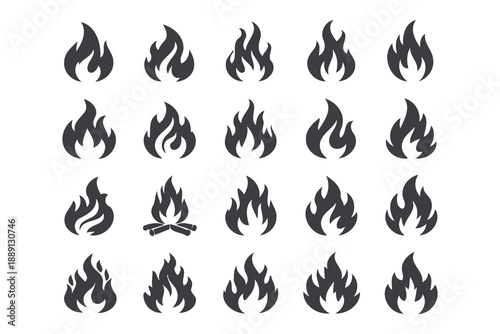 collection of black fire flame icons for heat and energy