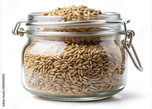 Clear glass jar with a metal clasp filled to the brim with raw oat grains, isolated on a clean white background.