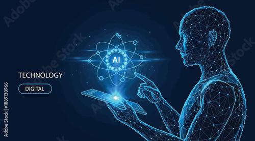 Digital wireframe human interacting with tablet emitting glowing atom-like hologram, symbolizing artificial intelligence, innovation, and futuristic integration of human and advanced technological sys