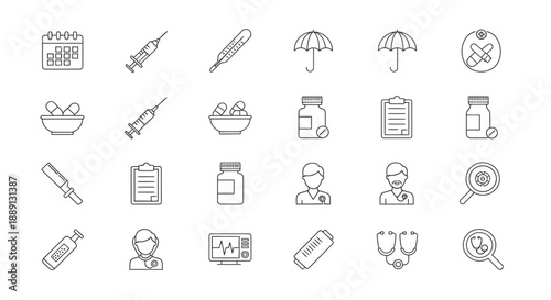 A collection of medical icons depicting health treatment diagnosis and various healthcare related equipment