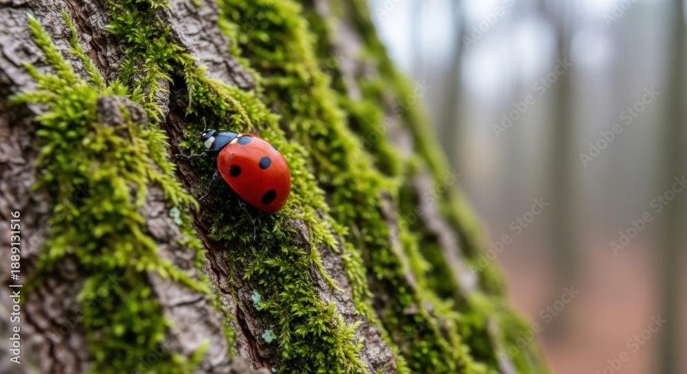 Obraz premium Ladybug on mossy tree bark in forest