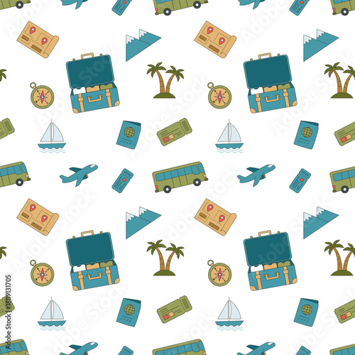 Seamless pattern with travel elements. Background for tourism and travel.