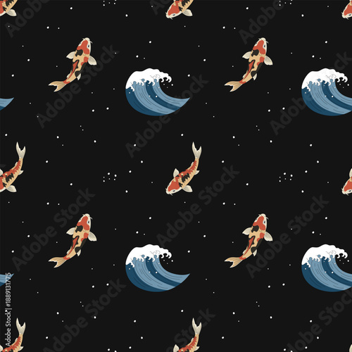 Seamless pattern with Japanese fish and waves on a dark background. Koi fish.