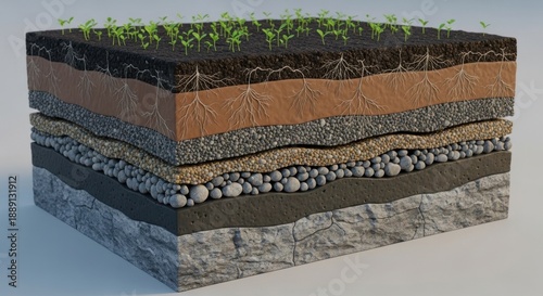 Soil layers with green seedlings growing on top