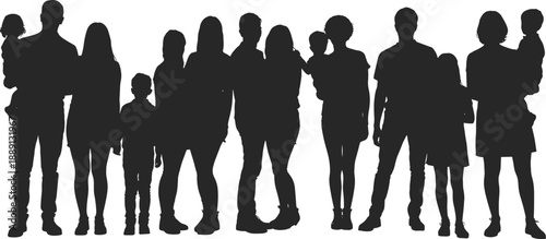 Large group of family silhouettes standing together, parents with children, symbolizing unity, community, modern lifestyle, social relationships, and bonding concepts for design and education.