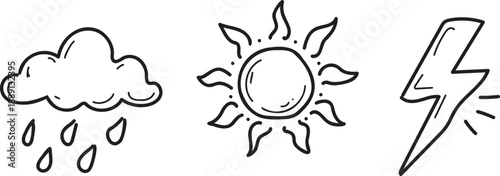 Hand drawn weather icon set with rain cloud sun and lightning bolt