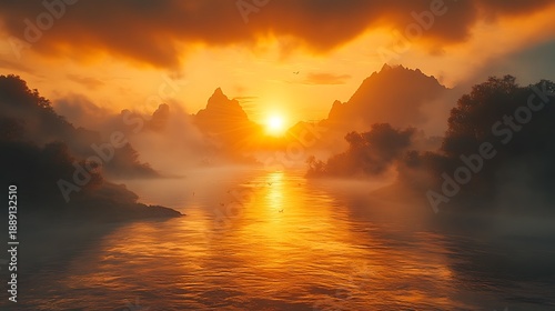 Golden sunrise over misty river and mountains