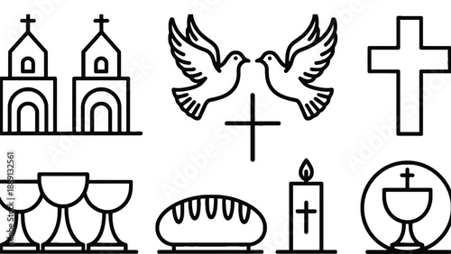 A collection of Christian symbols and icons on a white background