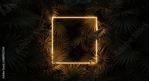 Glowing neon frame in dark tropical leaves background