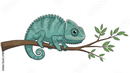 Detailed green chameleon with a curled tail resting calmly on a brown tree branch with small fresh green leaves.