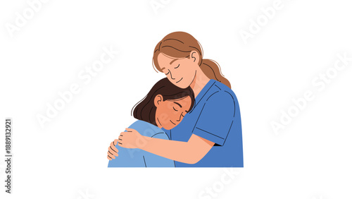 A comforting embrace between a nurse and a patient, symbolizing care, empathy, and the healing power of human connection in a healthcare setting.