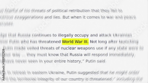 Headline news mention World War III across international media. Breaking news global media, with circular blur and noisy effect.