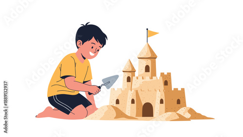 Young boy in a yellow shirt kneeling on the beach and building a large sandcastle with a small grey metal trowel.