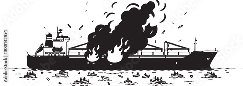 Illustrative Scene of a Cargo Ship on Fire with Lifeboats in the Water