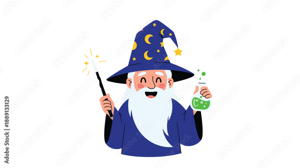 Obraz premium Friendly wizard with a long white beard and a blue hat with stars holds a magic wand and a green potion bottle in this whimsical fantasy design.