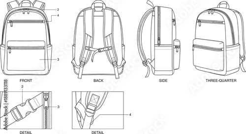 Technical Backpack Illustration Featuring Front, Back, Side, Three-Quarter Views and Detail Panels of Strap, Zipper, and Buckle