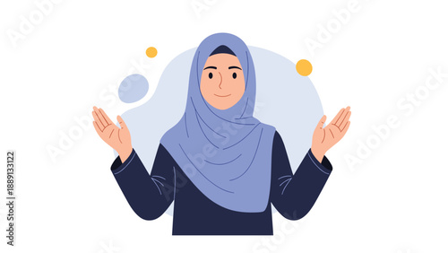 Beautiful Muslim woman wearing a blue hijab and a dark dress gestures with her hands open in a welcoming and peaceful manner in this vector art.