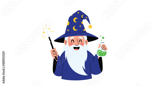 Friendly wizard with a long white beard and a blue hat with stars holds a magic wand and a green potion bottle in this whimsical fantasy design.