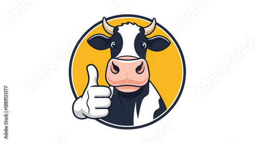 Friendly cow with black and white spots gives a thumbs up from inside a yellow circle, making it a great mascot for dairy or farm-related brands.