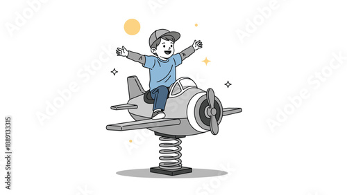 Excited boy wearing a blue t-shirt and cap rides a spring-mounted toy airplane on a playground, illustrating childhood joy and imagination in play.