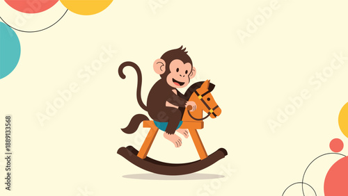 Playful little monkey sitting on a wooden rocking horse toy against a soft cream background with colorful circles.