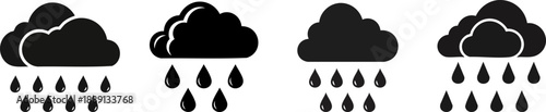 Four cloud icons depicting rain, illustrating various stages of precipitation in a minimalist black design.