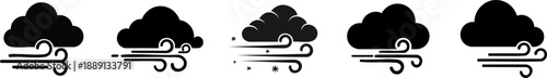 A series of stylized cloud icons with wind, illustrating varying intensities of weather conditions.